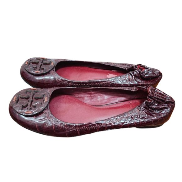 Tory Burch Reva Croc Embossed Patent Slip On Ballet Flats Size 6 Burgundy Red - Picture 5 of 11